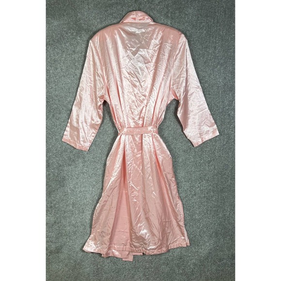 Vintage Victorias Secret Pink Satin Robe Size‎ M/L Floral Applique POCKETS - Picture 2 of 8